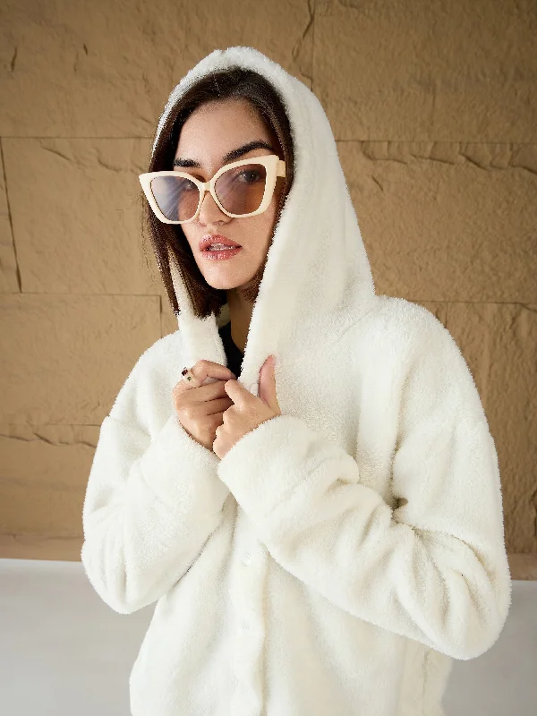 Women White Fur Button Placket Hooded Jacket A-Line Jacket Boat Neck Shawl Collar