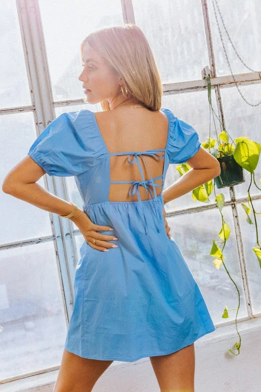 SHORT SLEEVE BACK TIE DETAIL BABYDOLL MINI DRESS Elegant Sequin Mini Dress