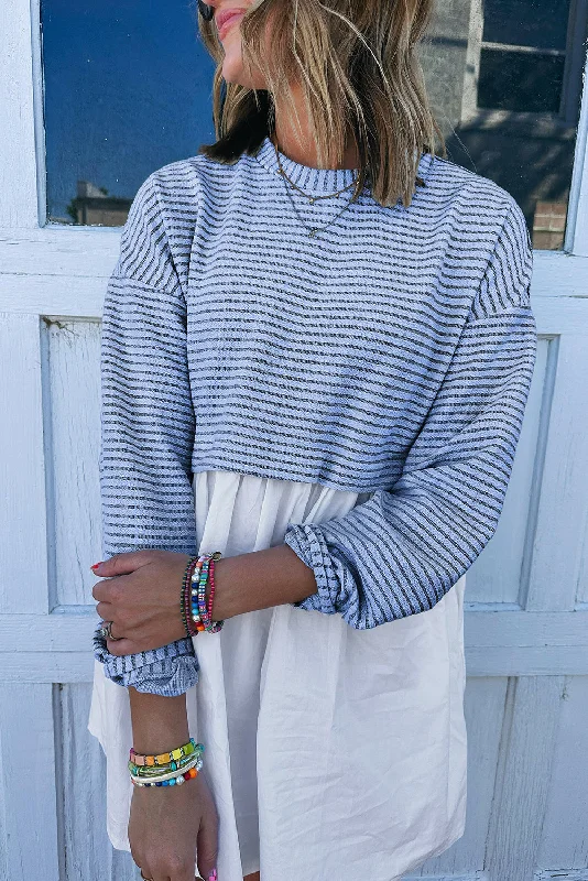 Blue Zone Planet | Sky Blue Stripe Patchwork Pleated High Waist Loose Mini Dress Elegant Lace-Up Mini Dress Blue Zone Planet | Sky Blue Stripe Patchwork Pleated High Waist Loose Mini Dress Elegant Lace-Up Mini Dress