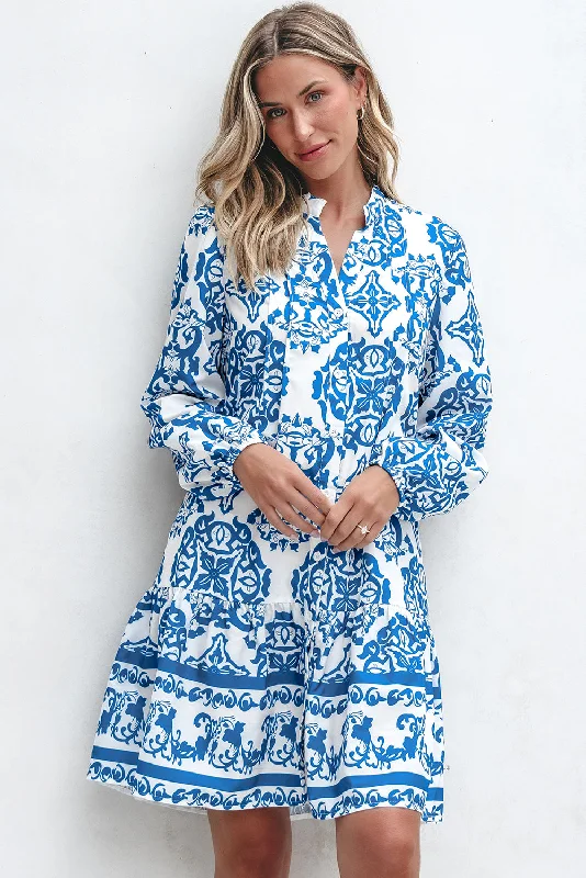 Blue Zone Planet | Sky Blue Tribal Print Button Up Notch Neck Loose Mini Dress Trendy Button-Detail Mini Dress Blue Zone Planet | Sky Blue Tribal Print Button Up Notch Neck Loose Mini Dress Trendy Button-Detail Mini Dress