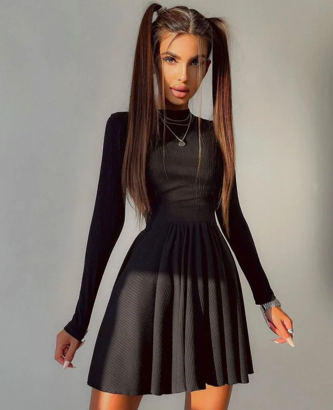 Blue Zone Planet | Solid Color Round Neck Hollow Back A-Line Skirt Long Sleeve Mini Dress Elegant Satin Mini Dress Blue Zone Planet | Solid Color Round Neck Hollow Back A-Line Skirt Long Sleeve Mini Dress Elegant Satin Mini Dress