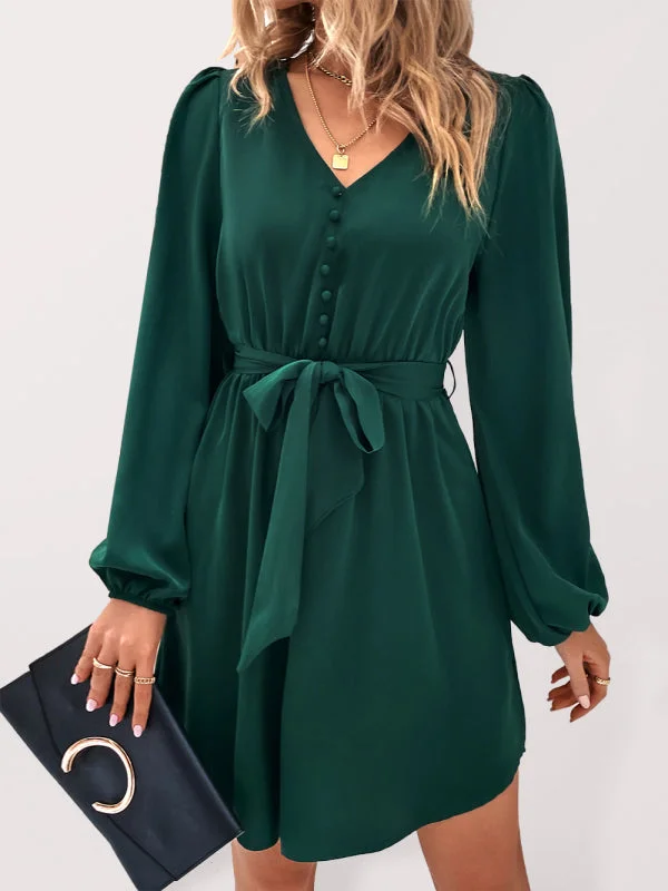 Blue Zone Planet |  Sophie's Woven V-Neck Long Sleeve Mini Dress Fashionable Mini Dress with Slits