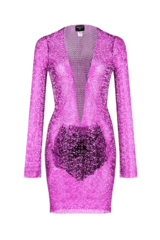 SPARKLE FUCHSIA MINI DRESS WITH FLOWER Cozy Long Sleeve Mini Dress