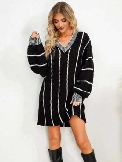 Blue Zone Planet | Striped V-Neck Long Sleeve Mini Dress Chic Mini Dress with V-Neck Blue Zone Planet | Striped V-Neck Long Sleeve Mini Dress Chic Mini Dress with V-Neck