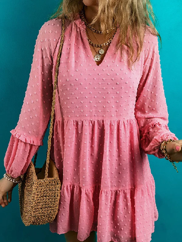 Swiss Dot V-Neck Long Sleeve Mini Dress Casual Mini Dress with Pockets