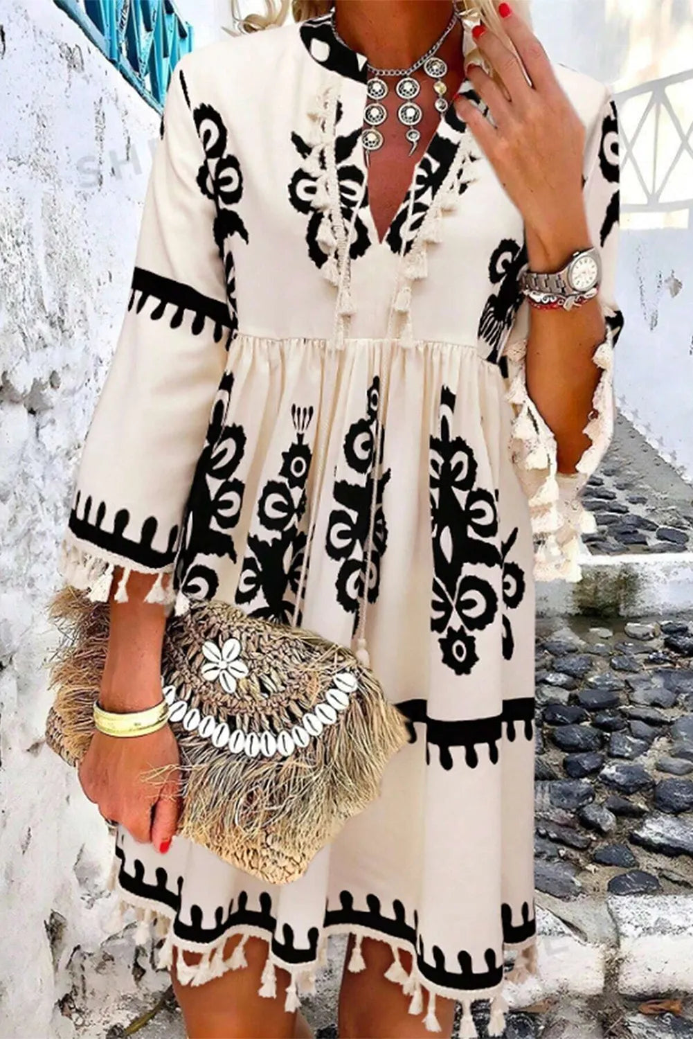 Tassel Printed Three-Quarter Sleeve Mini Dress Cozy Wraparound Mini Dress