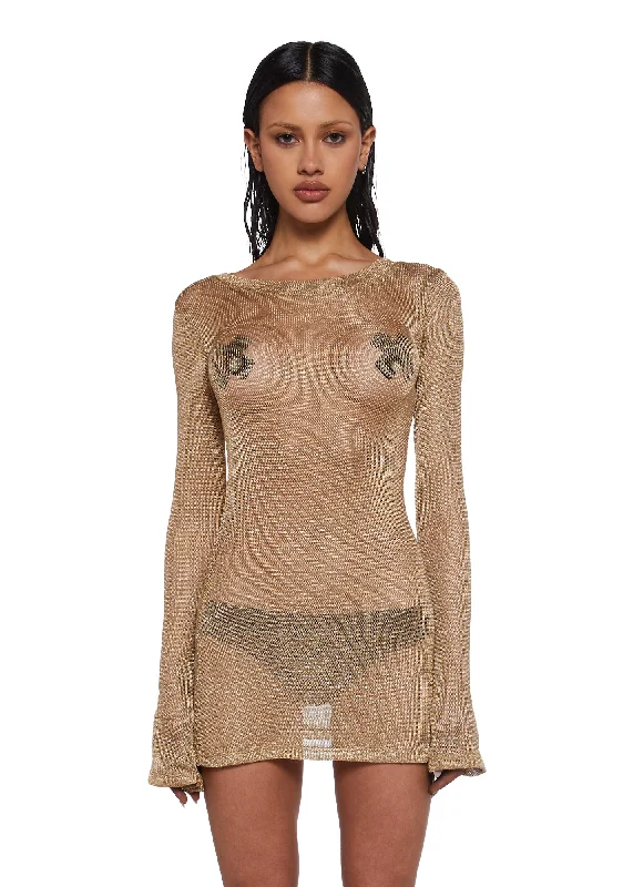 Tempo Metallic Knit Mini Dress - Gold Chic Pleated Mini Dress