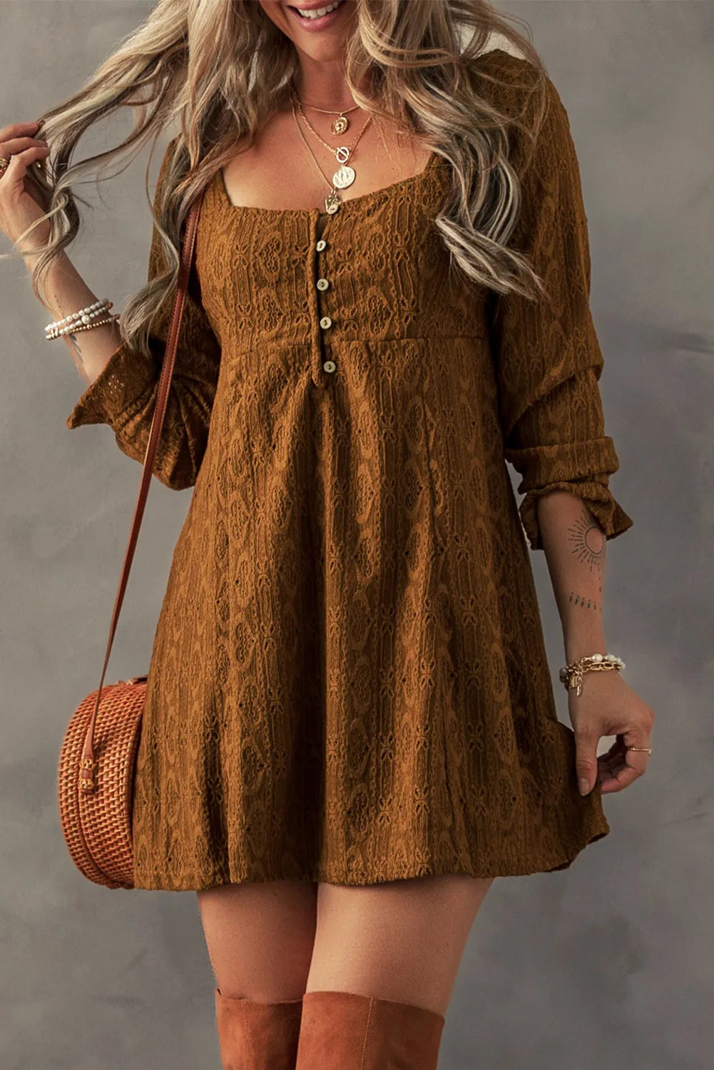 Textured Square Neck Mini Dress Stylish Ruffle Mini Dress