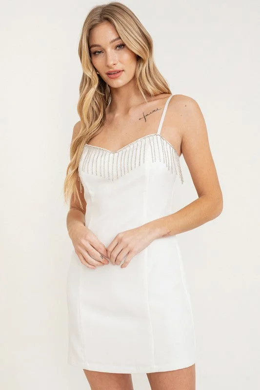 THIN STRAP RHINESTONE FRINGE MINI DRESS Elegant Tulle Mini Dress