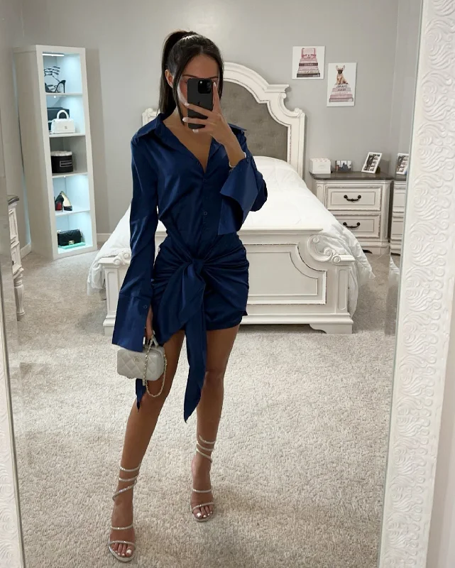 TIE KNOT SATIN LONG SLEEVE MINI DRESS Trendy Camisole Mini Dress