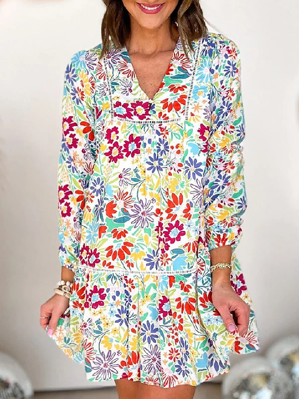 V-Neck Floral Print Long Sleeve Mini Dress Classic Floral Print Mini Dress