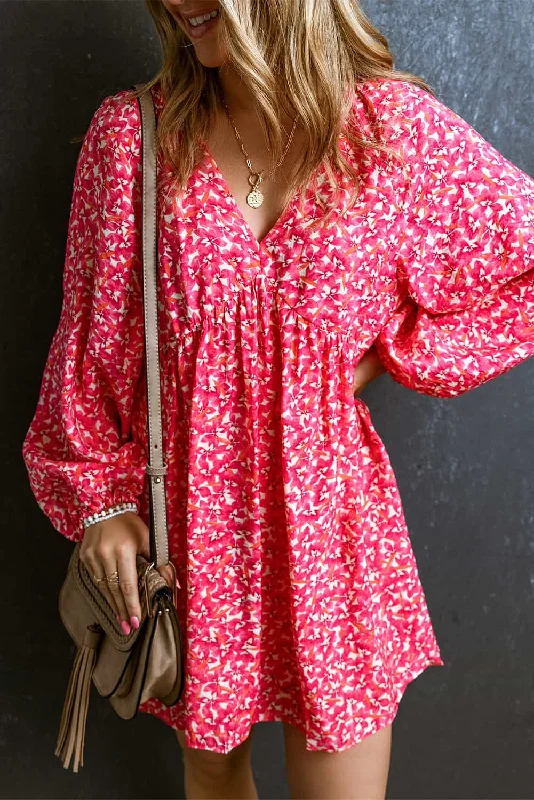 V-Neck Floral Print Long Sleeve Mini Dress Fashionable Mini Dress with Frills