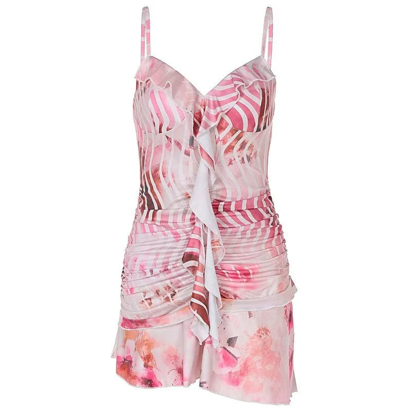 V neck ruffle ruched print backless cami mini dress Fashionable Polka Dot Mini Dress