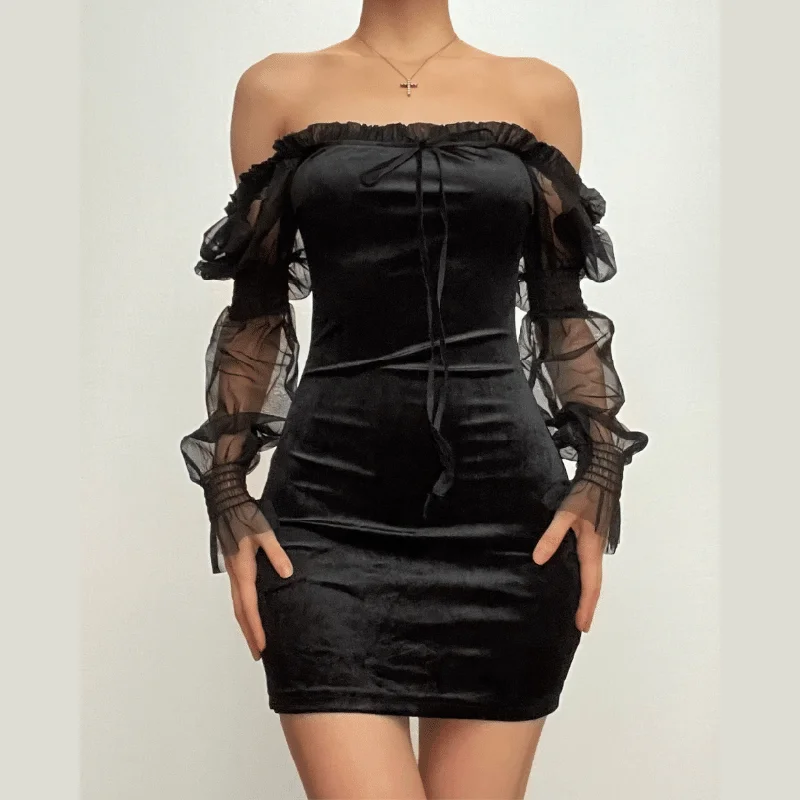 Velvet long puff sleeve ruffle mesh ruched square neck mini dress Stylish Puff Sleeve Mini Dress Velvet long puff sleeve ruffle mesh ruched square neck mini dress Stylish Puff Sleeve Mini Dress