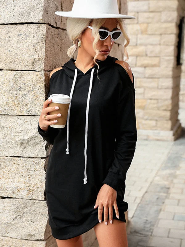 Blue Zone Planet | Venetia Off Shoulder Long Sleeve Solid Color Loose Hooded Sweater Mini Dress Trendy Mini Dress with Belt Blue Zone Planet | Venetia Off Shoulder Long Sleeve Solid Color Loose Hooded Sweater Mini Dress Trendy Mini Dress with Belt