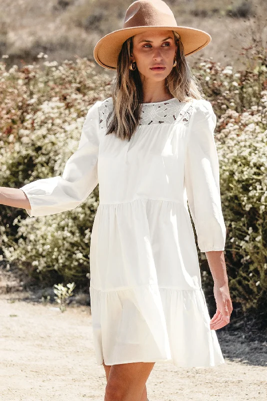 Blue Zone Planet |  White Floral Lace Patchwork Bracelet Sleeve Tiered Mini Dress Cozy Sweater Mini Dress