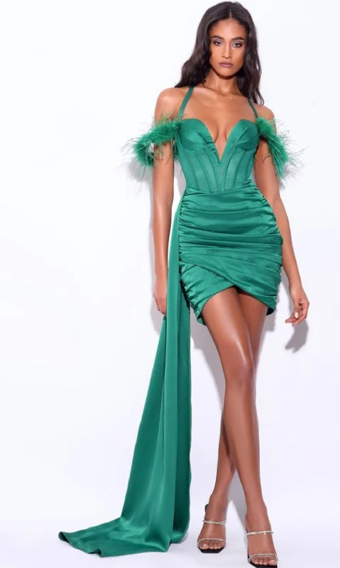 WILMA EMERALD SATIN CORSET DRAPING MINI DRESS Chic Tropical Mini Dress