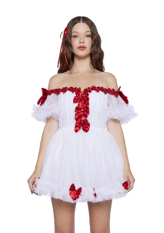 Winter Rose Mini Dress - White Trendy Mini Dress with Belt