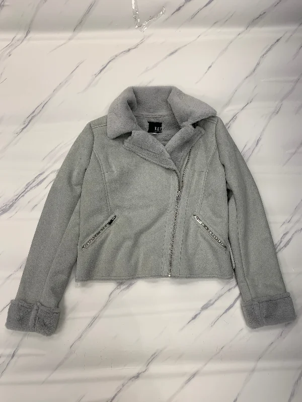 Jacket Moto By Kut In Grey, Size: M Denim Fabric Leather Fabric Suede Fabric