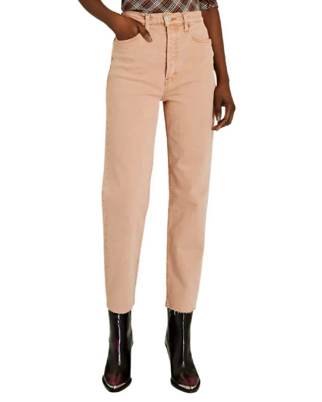 70's High Rise Stove Pipe Jeans In Washed Khaki Stylish Relaxed Fit Skinny Jeans