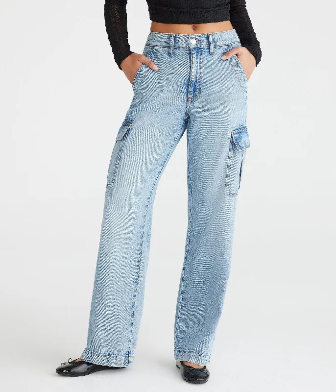 Aeropostale High-Rise Wide Leg Cargo Jean Fashionable Relaxed Fit Denim