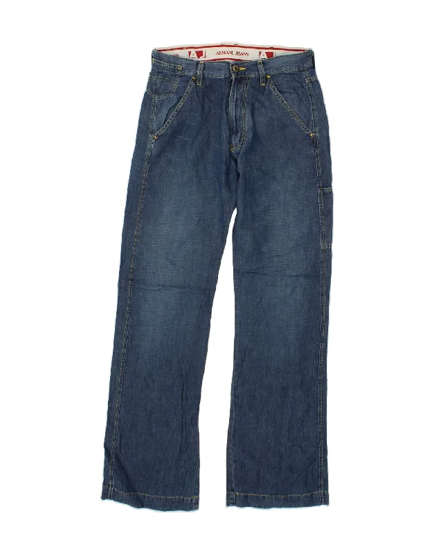 ARMANI Womens Wide Leg Jeans W30 L33 Navy Blue Cotton Elegant Raw Hem Jeans