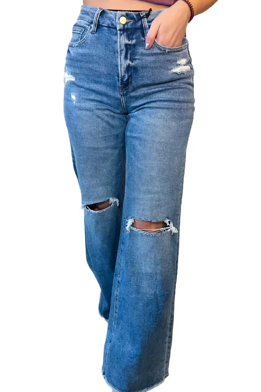 Becca Wide Leg Distressed Denim Jean In Blue Classic Slim Fit Jeans