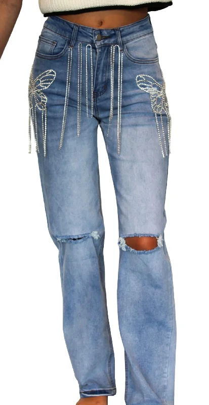 Butterfly Rhinestone Denim Jean In Blue Trendy Low-Rise Slim Jeans