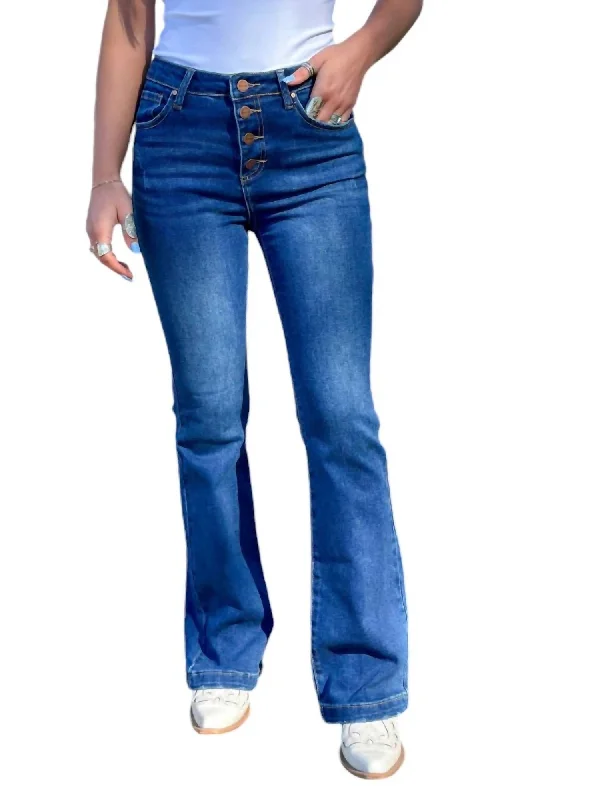 Button Down Boot Cut Jeans In Dark Wash Chic Double Waistband Jeans