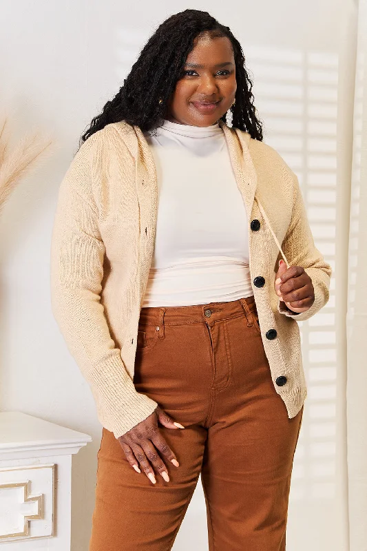 Button-Down Long Sleeve Hooded Sweater Toggled Drawstring Belted