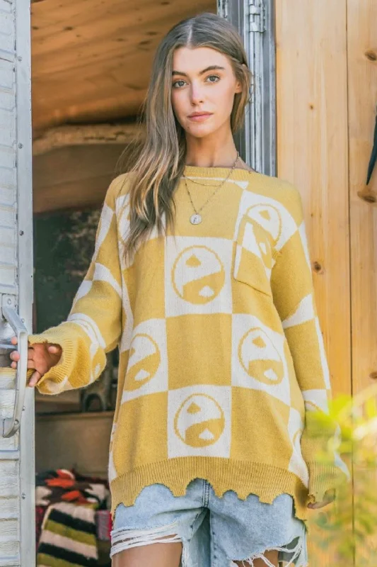 Checkerboard Sweater with Yin Yang Pattern Hooded Caped Shawl Collar