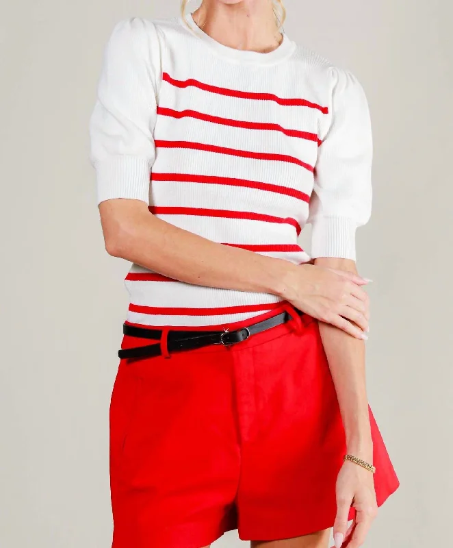 Crewneck Short Puff Knit Sweater In Cream/red Velvet Chenille Corduroy