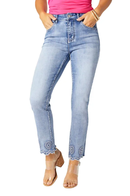 Everstretch Burst Emroidery Ankle Jean In Medium Denim Fashionable Relaxed Fit Denim