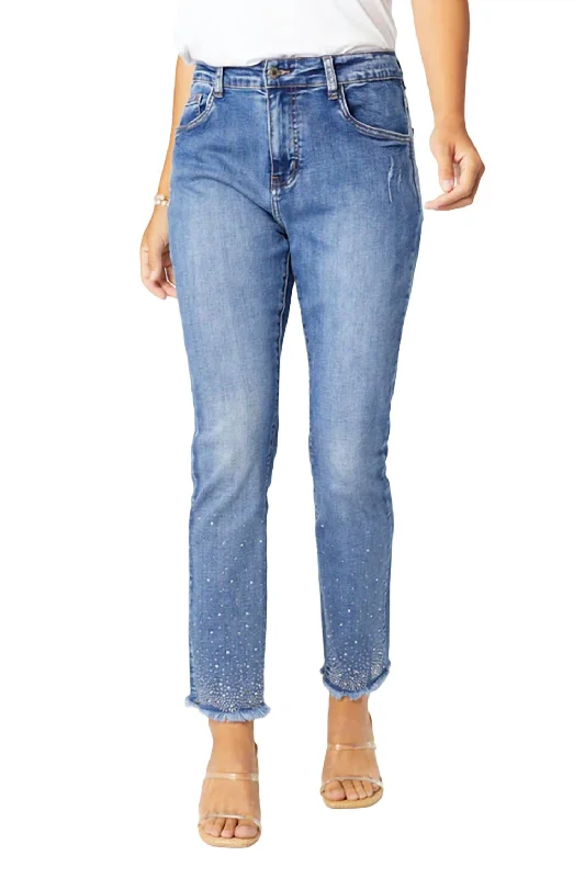 Everstretch Rinestones Ankle Jean In Medium Denim Fashionable Raw Hem Bootcut Jeans
