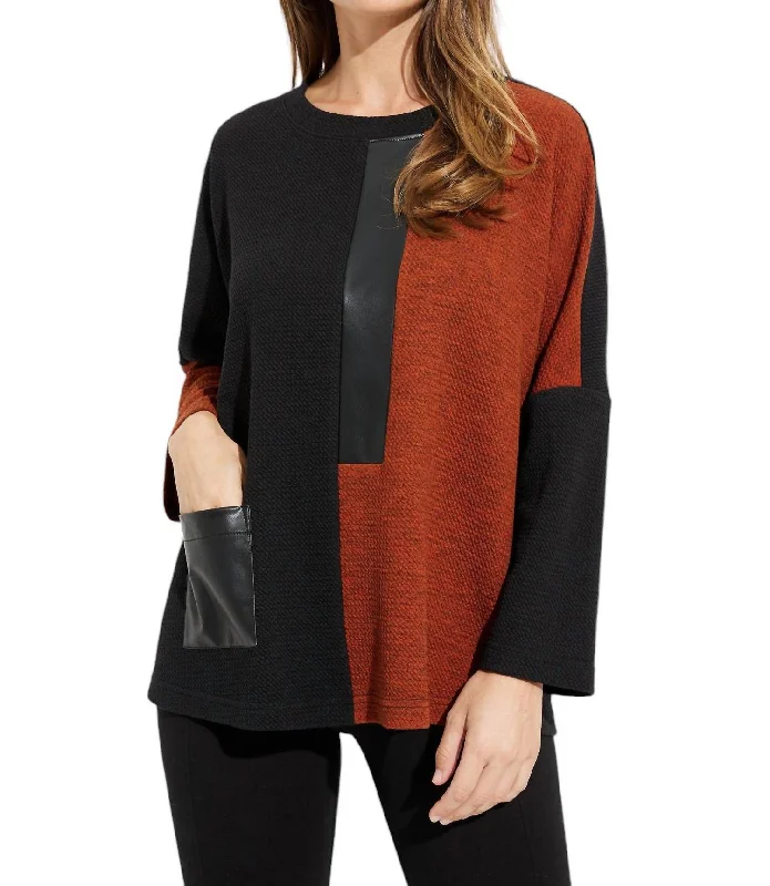 Faux Leather Two Tone Sweater In Black/tandoori Long Sweater Short Sweater Cropped Sweater Faux Leather Two Tone Sweater In Black/tandoori Long Sweater Short Sweater Cropped Sweater