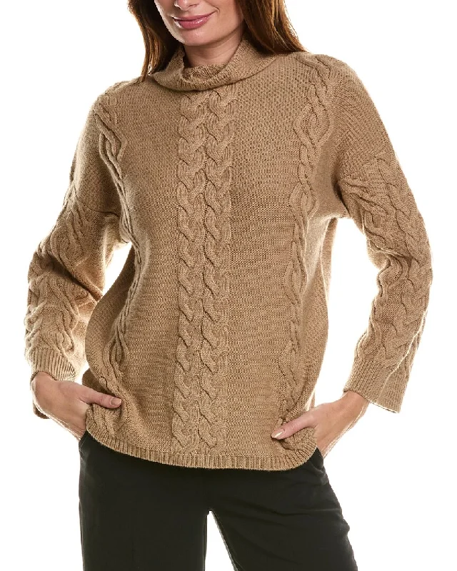 Forte Cashmere Placed Cable Funnel Neck Wool & Cashmere-Blend Sweater Elegant Classic Vintage