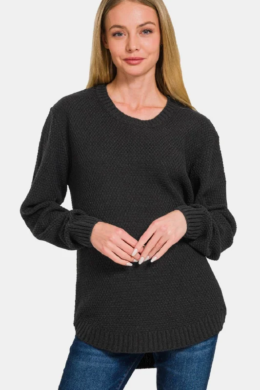 Ful Size Round Neck Long Sleeve Curved Hem Sweater Mesh Blend Leather Blend Suede Blend