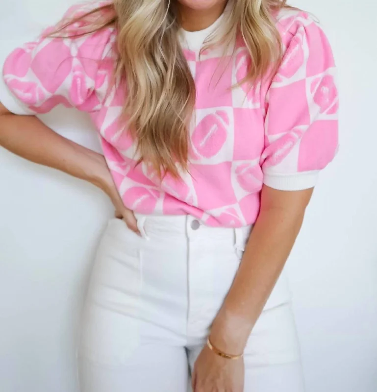 Geaux Football Short Sleeve Sweater Top In Pink/white Ribbed Striped Patterned