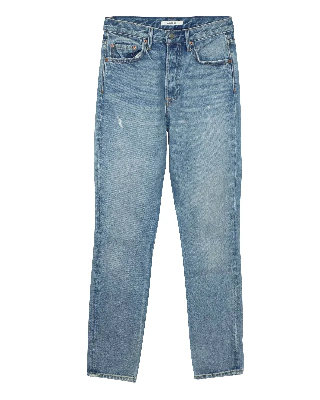GRLFRND High-Rise Straight Leg Jeans in Blue Cotton Stylish Cargo Style Jeans