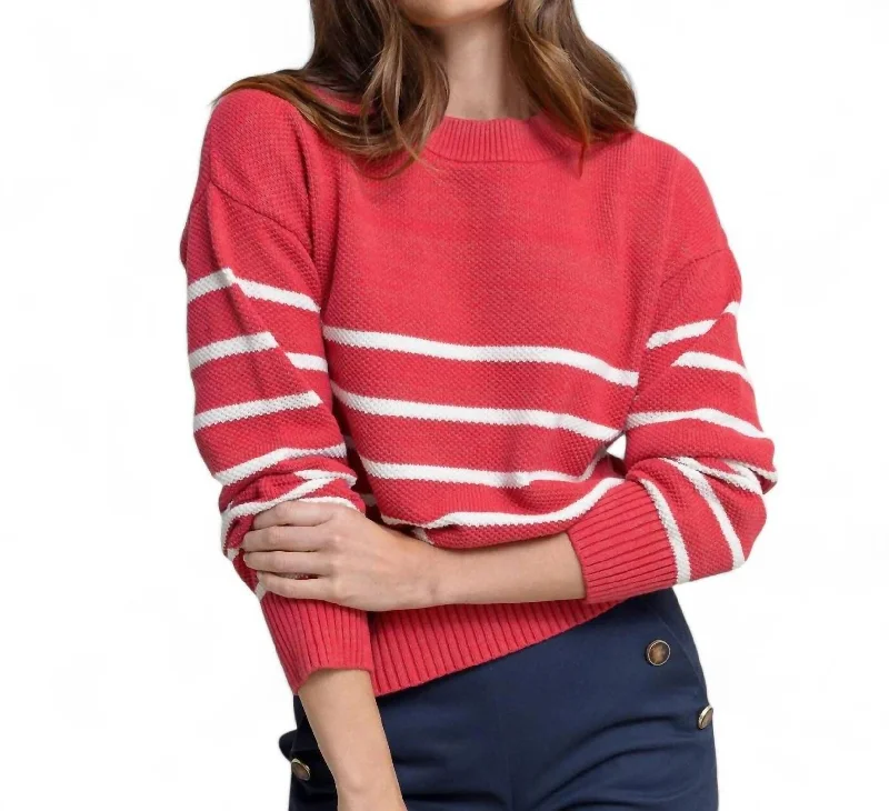 Haisley Stripe Crew Neck Sweater In Raspberry Wine Glossy Satin Silk