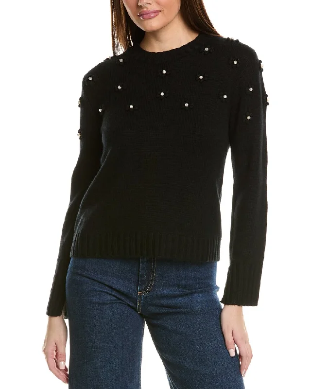 Hannah Rose Pearl Bobble Cluster Wool & Cashmere-Blend Sweater Glossy Satin Silk