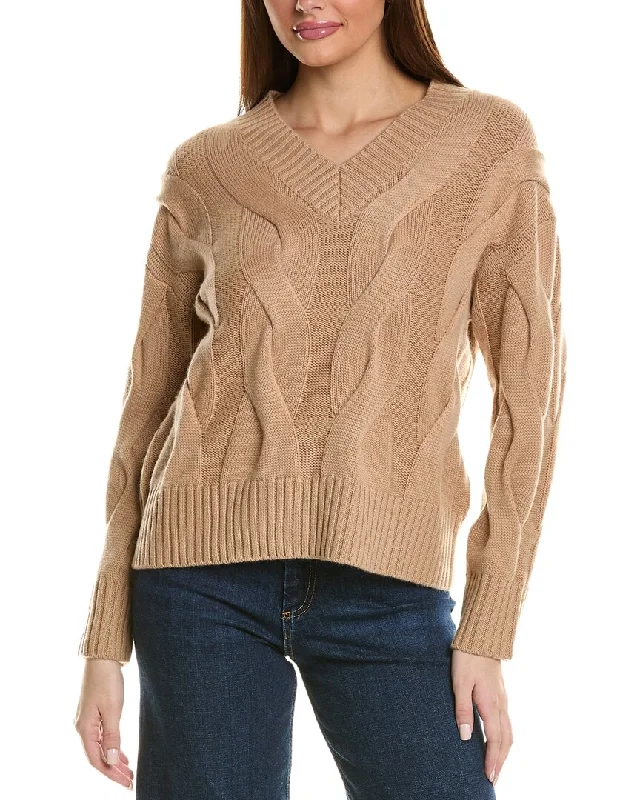 Hannah Rose Wide Cable V-Neck Wool & Cashmere-Blend Sweater Neon Metallic Matte