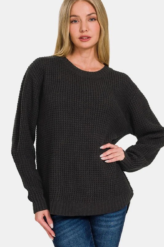 High Low Long Sleeve Waffle Sweater Solid Print Embellished