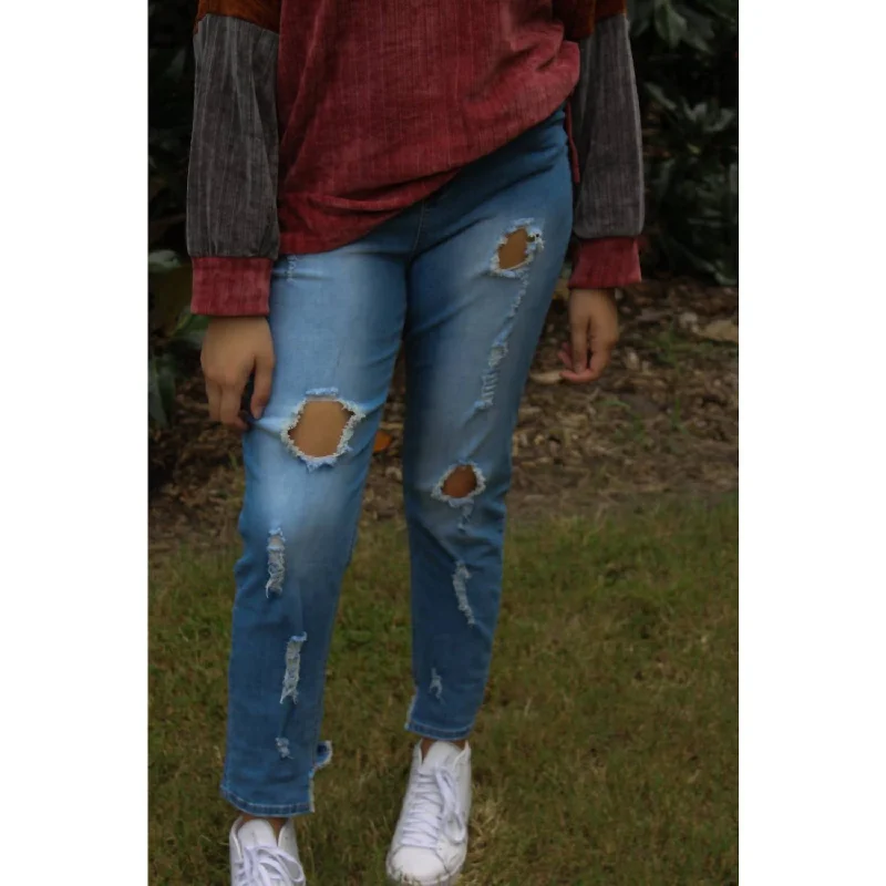 High Waisted Distressed Jeans In Blue Cozy Wide-Legged Jeans