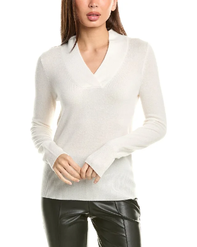 InCashmere Cross Neck Cashmere Sweater Herringbone Houndstooth Plaid
