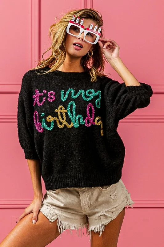 Metallic Letter Puff Sleeve Hairy Sweater Layered Multi-layer Single Layer