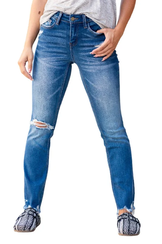 Mid Rise Ankle Flare Jeans In Dark Blue Trendy Wide-Leg High-Waist Denim