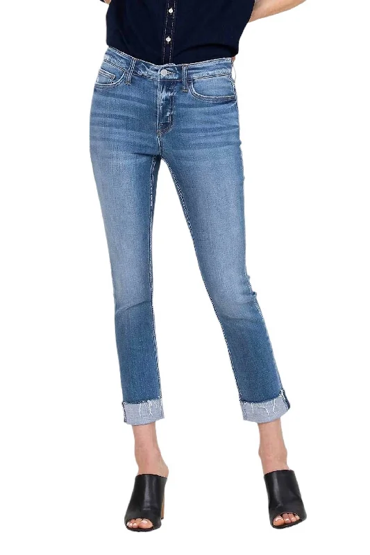 Mid Rise Cuffed Straight Jeans In Medium Wash Chic Faded Blue Jeans
