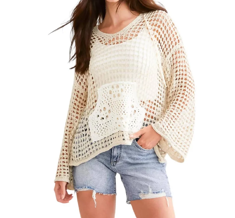 Open Stitch Hooded Sweater In Natural Embroidered Appliqued Beaded