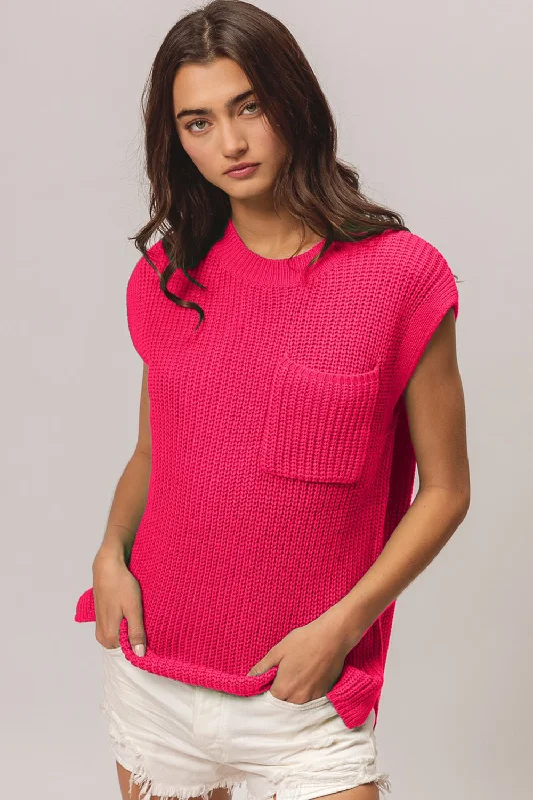 Patch Pocket Cap Sleeve Sweater Top Beaded Sweater Sequined Faux Fur